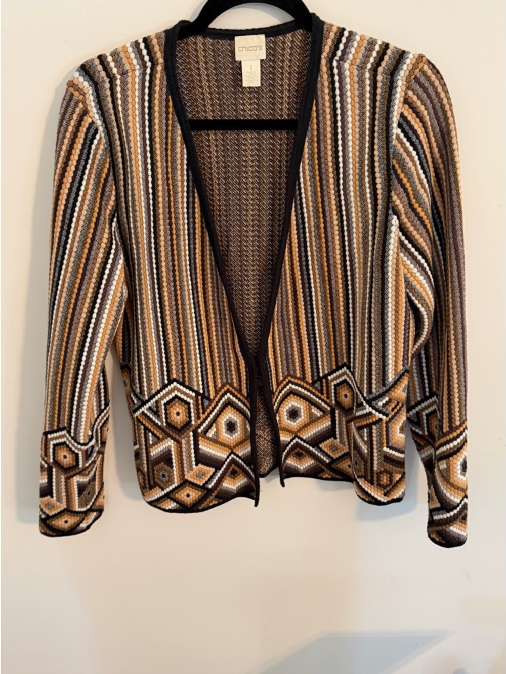 Chico's Striped Geometric Open Cardigan - Brown & Cream